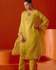 Mustard Embroidered Silk Chanderi Kurta Set