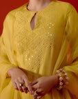 Mustard Embroidered Silk Chanderi Kurta Set