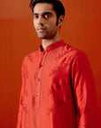 Red Self Embroidered Chanderi Kurta Set