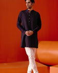 Navy Blue Cotton Silk Blend Pin Tucks Kurta Set