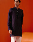 Navy Blue Cotton Silk Blend Pin Tucks Kurta Set