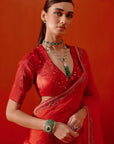 Red Multi Hued Dori Embroidered Organza Saree