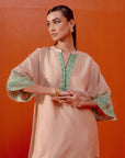 Beige and Green Block Print Embroidered Kaftan Set