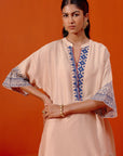 Beige and Blue Block Print Embroidered Kaftan Set