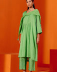 Green Cotton Silk Satin Kurta with Scarf Set