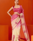 Fuchsia Pink Embroidered Ombre Organza Saree