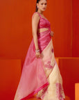 Fuchsia Pink Embroidered Ombre Organza Saree