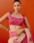 Fuchsia Pink Embroidered Ombre Organza Saree