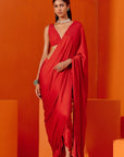 Red Satin Pre Draped Saree