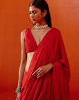 Red Satin Pre Draped Saree