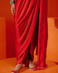 Red Satin Pre Draped Saree