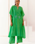 Green Silk Chanderi Embroidered Kaftan Set