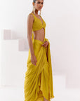 Mustard Satin Pre Draped Saree