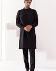 Black Kurta Set with Pin Tucks Bundi