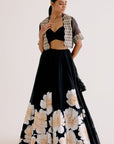 Black Silk Chanderi Hand-Painted Skirt and Cape Set