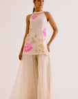 Ivory and Pink Silk Organza Hand-Painted Embroidered Sharara Set