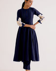 Navy Blue Cotton Silk Blend Hand-Painted Anarkali Set