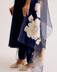 Navy Blue Cotton Silk Blend Hand-Painted Anarkali Set