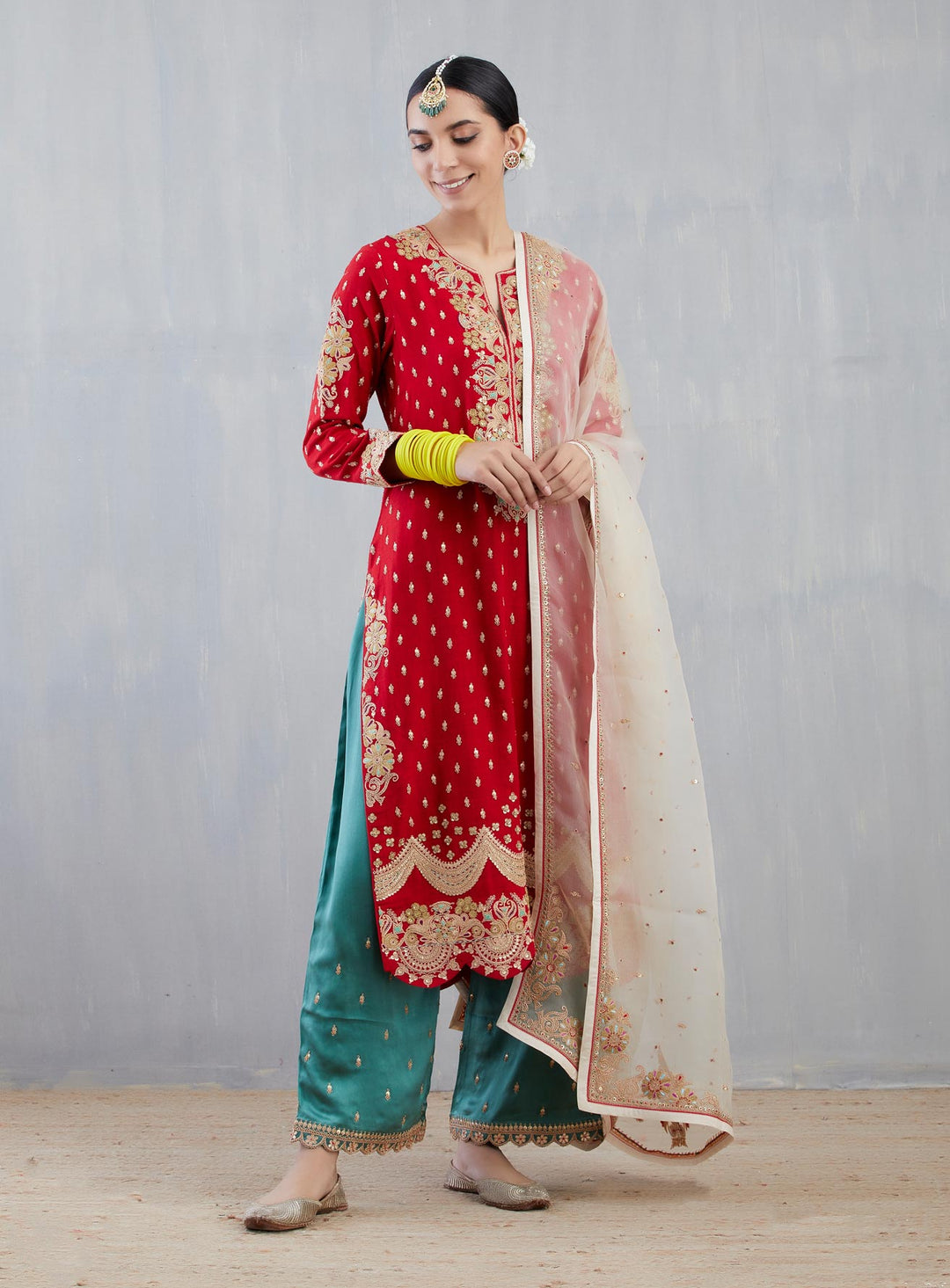 Red Kurta With Teal Pants Set