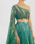 Metallic Fluted Tulle Printed Skirt and Beaded Off Shoulder Top