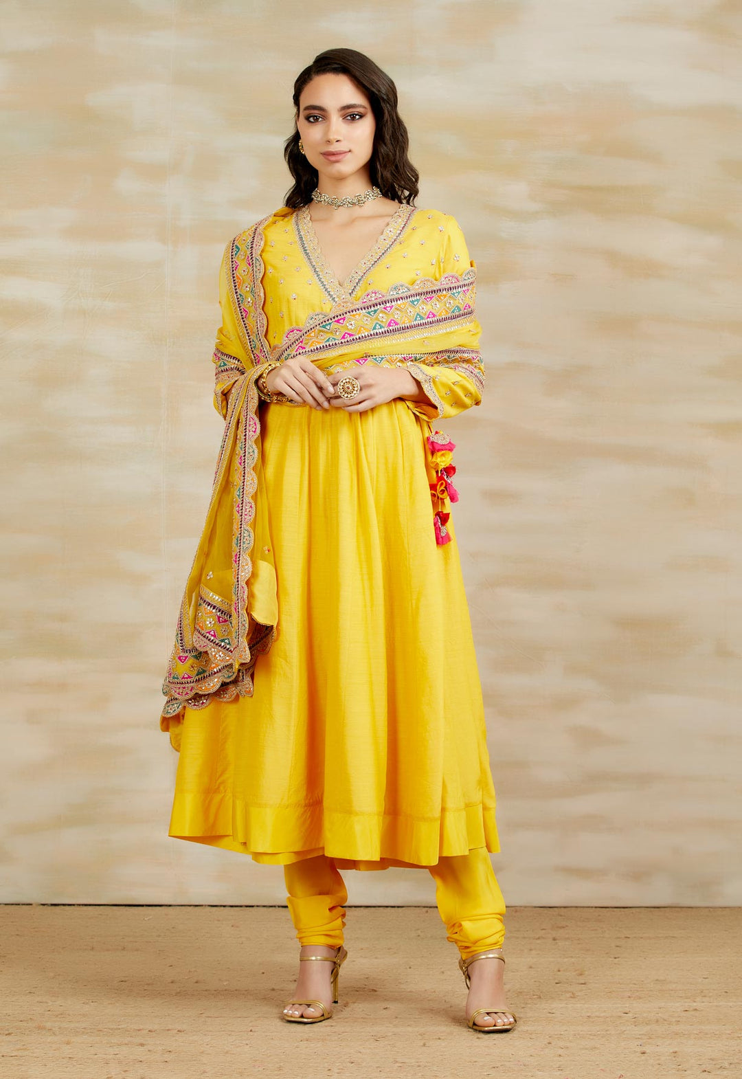 Yellow Tussar Munga Angrakha Set