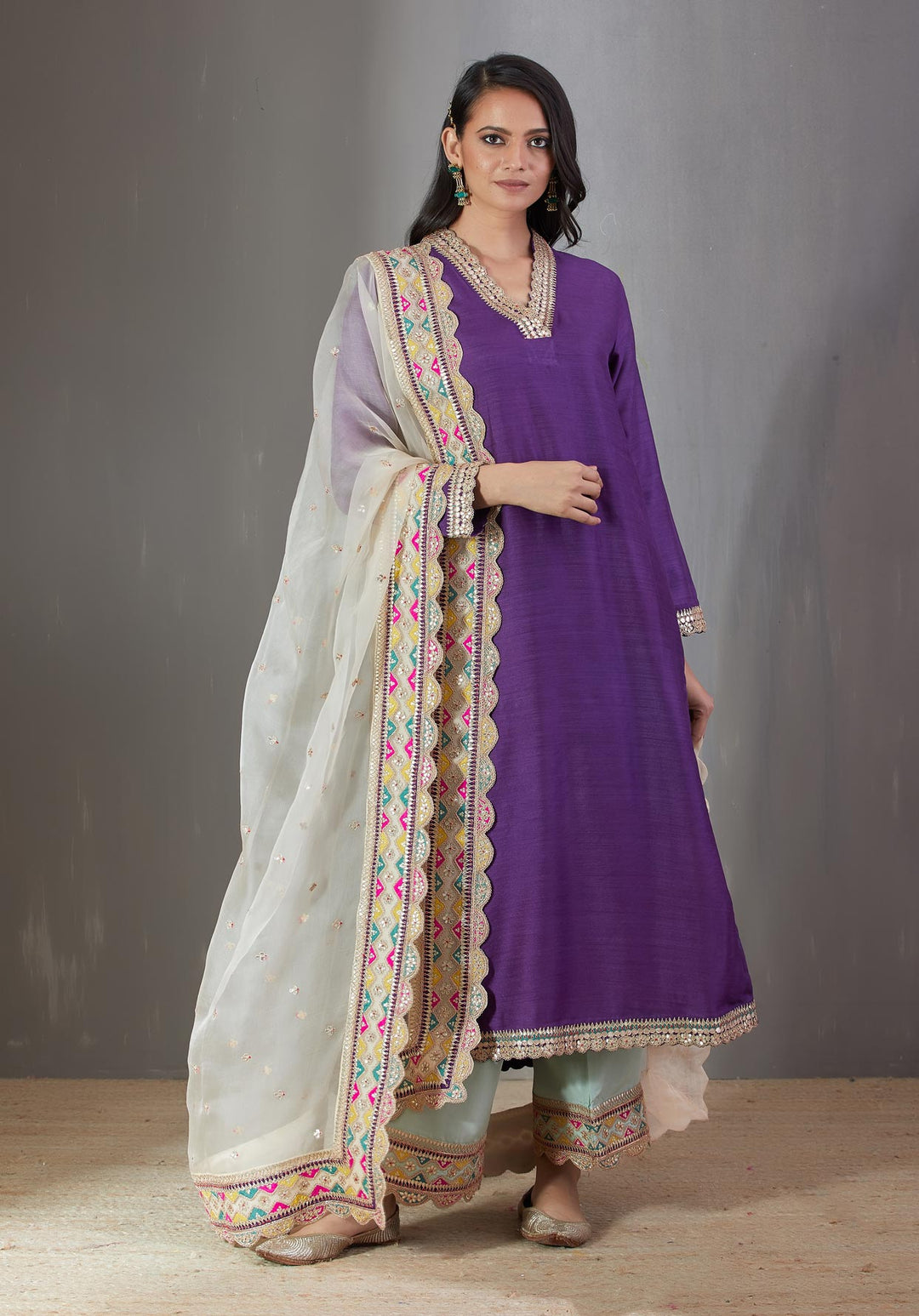 Purple Kurta Set With A Ecru Organza Dupatta