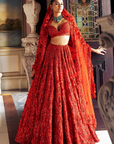 Red three-dimensional Floral Lehenga Set