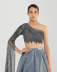 Metallic Fluted Tulle Printed Skirt and Beaded Off Shoulder Top