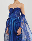 Metallic Micropleated Off The Shoulder Gown With Sunray Wings On Sleeves