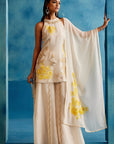 Ivory and Yellow Silk Organza Hand-Painted Embroidered Sharara Set