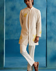 Ivory and Yellow Stripe Silk Chanderi Hand-Painted Kurta Set