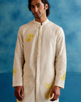 Ivory and Yellow Stripe Silk Chanderi Hand-Painted Kurta Set