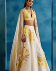 Ivory and Yellow Silk Chanderi Hand-Painted Embroidered Lehenga Set