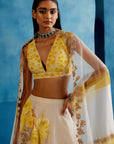 Ivory and Yellow Silk Chanderi Hand-Painted Embroidered Lehenga Set