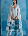 Blue Kota Silk Hand-Painted Embroidered Kurta Set