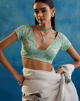 Sage Green Silk Organza Hand Painted Leheriya Saree