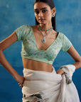 Sage Green Silk Organza Hand-Painted Leheriya Saree