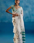 Sage Green Silk Organza Hand Painted Leheriya Saree