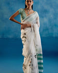 Sage Green Silk Organza Hand-Painted Leheriya Saree