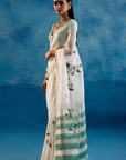 Sage Green Silk Organza Hand-Painted Leheriya Saree