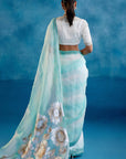 Aqua Blue Silk Organza Hand-Painted Leheriya Saree