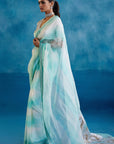 Aqua Blue Silk Organza Hand-Painted Leheriya Saree