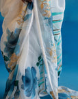 Ivory and Blue Silk Organza Hand-Painted Embroidered Saree