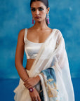 Ivory and Blue Silk Organza Hand-Painted Embroidered Saree