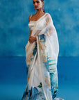 Ivory and Blue Silk Organza Hand-Painted Embroidered Saree