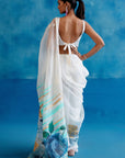 Ivory and Blue Silk Organza Hand-Painted Embroidered Saree