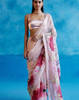 Blush Pink and Red Silk Organza Hand-Painted Embroidered Saree