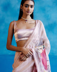 Blush Pink and Red Silk Organza Hand-Painted Embroidered Saree