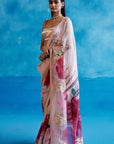 Blush Pink and Red Silk Organza Hand-Painted Embroidered Saree