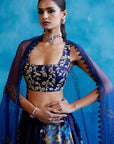 Navy Blue Silk Chanderi Hand-Painted Lehenga Set